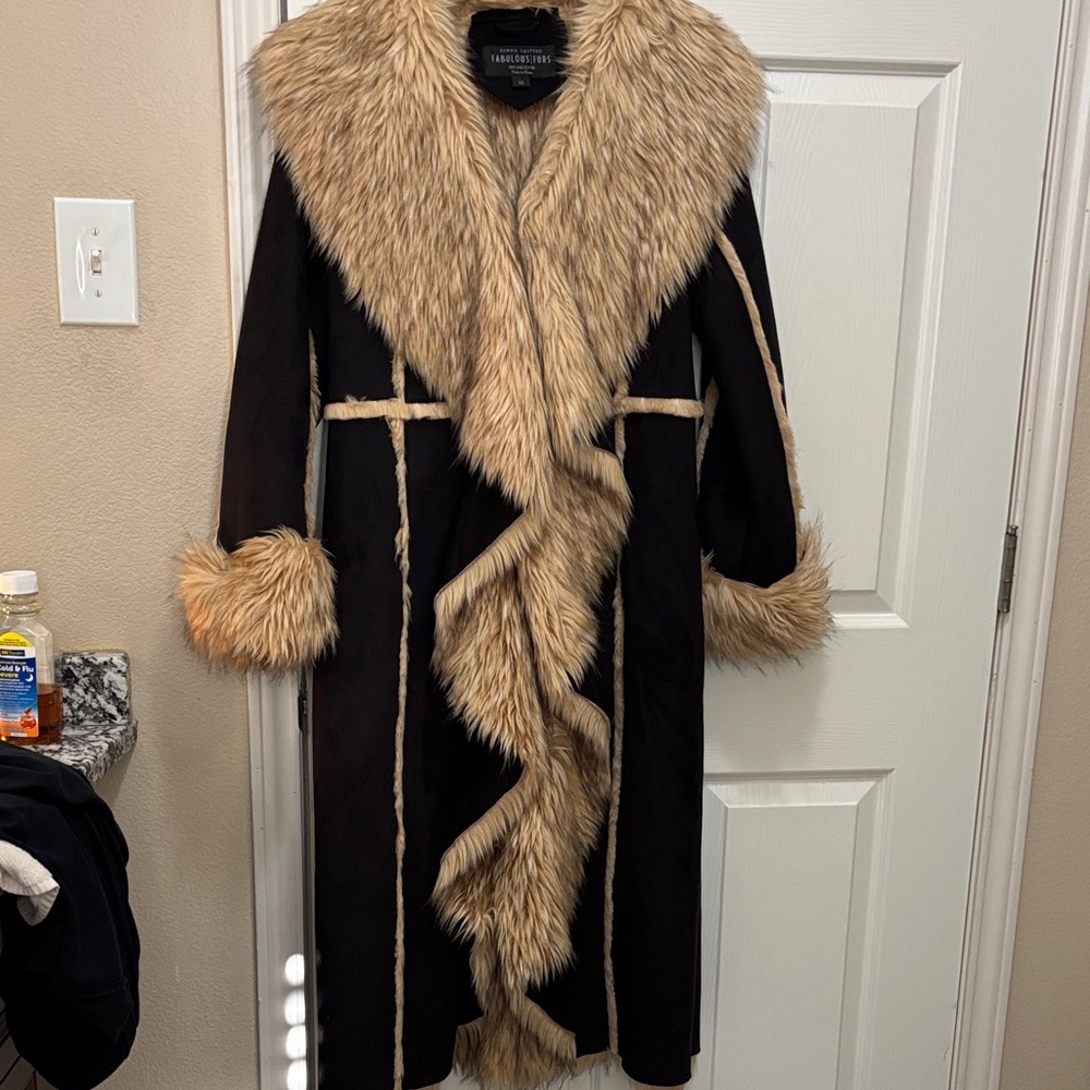 Fabulous Furs Black Coat with Tan Faux Fur Accents